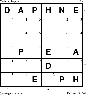 The grouppuzzles.com Medium Daphne puzzle for , suitable for printing, with all 6 steps marked