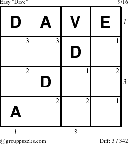 The grouppuzzles.com Easy Dave puzzle for , suitable for printing, with all 3 steps marked