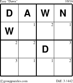 The grouppuzzles.com Easy Dawn puzzle for  with the first 3 steps marked