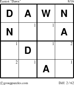 The grouppuzzles.com Easiest Dawn puzzle for  with the first 2 steps marked