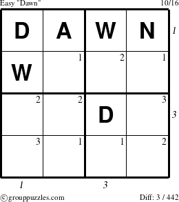 The grouppuzzles.com Easy Dawn puzzle for  with all 3 steps marked
