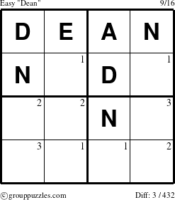 The grouppuzzles.com Easy Dean puzzle for  with the first 3 steps marked