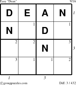 The grouppuzzles.com Easy Dean puzzle for , suitable for printing, with all 3 steps marked