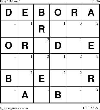 The grouppuzzles.com Easy Debora puzzle for  with the first 3 steps marked
