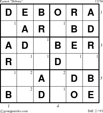 The grouppuzzles.com Easiest Debora puzzle for  with all 2 steps marked