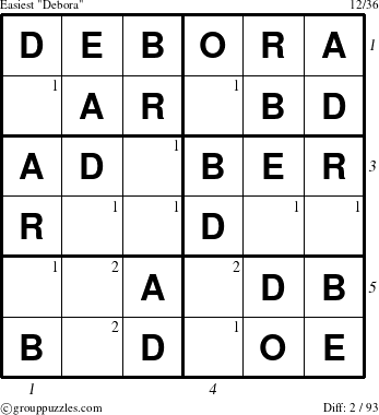 The grouppuzzles.com Easiest Debora puzzle for , suitable for printing, with all 2 steps marked