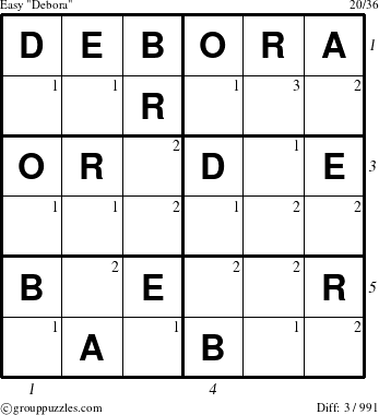 The grouppuzzles.com Easy Debora puzzle for , suitable for printing, with all 3 steps marked