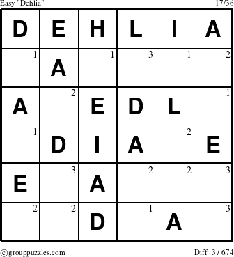 The grouppuzzles.com Easy Dehlia puzzle for  with the first 3 steps marked