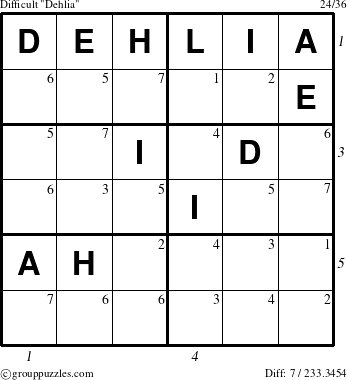 The grouppuzzles.com Difficult Dehlia puzzle for , suitable for printing, with all 7 steps marked