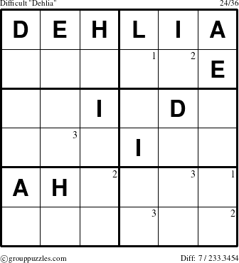 The grouppuzzles.com Difficult Dehlia puzzle for  with the first 3 steps marked