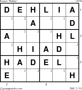The grouppuzzles.com Easiest Dehlia puzzle for  with all 2 steps marked