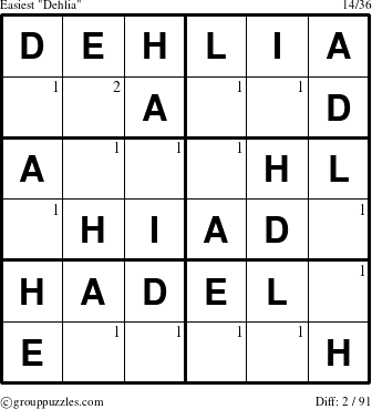 The grouppuzzles.com Easiest Dehlia puzzle for  with the first 2 steps marked