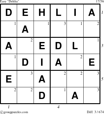 The grouppuzzles.com Easy Dehlia puzzle for  with all 3 steps marked