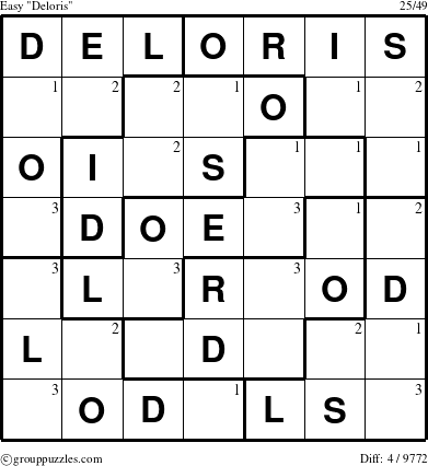 The grouppuzzles.com Easy Deloris puzzle for  with the first 3 steps marked