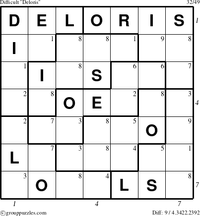 The grouppuzzles.com Difficult Deloris puzzle for , suitable for printing, with all 9 steps marked