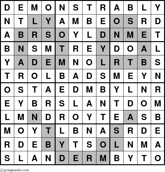 The grouppuzzles.com Answer grid for the Demonstrably puzzle for 