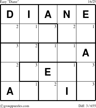 The grouppuzzles.com Easy Diane puzzle for  with the first 3 steps marked