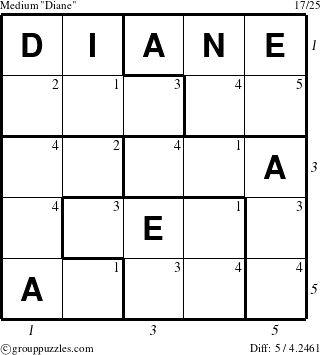 The grouppuzzles.com Medium Diane puzzle for , suitable for printing, with all 5 steps marked