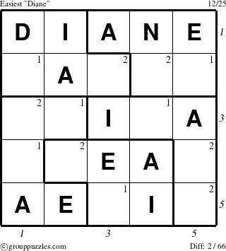 The grouppuzzles.com Easiest Diane puzzle for , suitable for printing, with all 2 steps marked