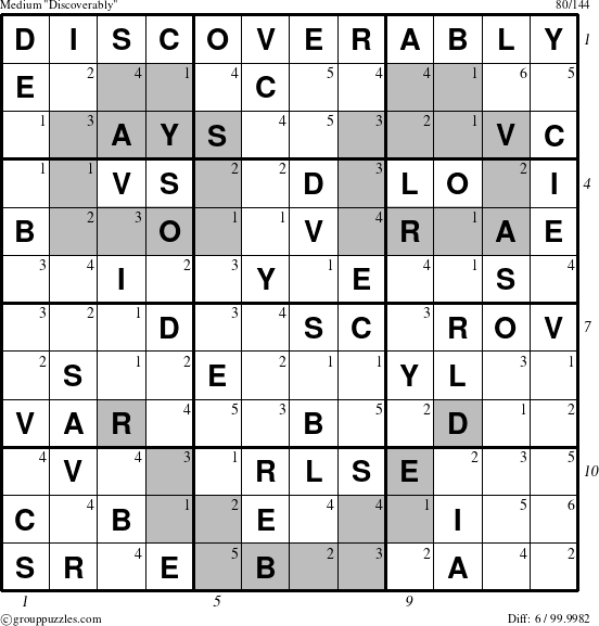 The grouppuzzles.com Medium Discoverably puzzle for  with all 6 steps marked