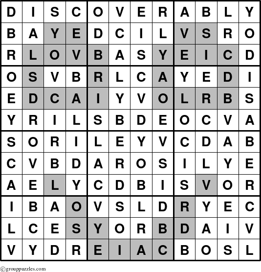 The grouppuzzles.com Answer grid for the Discoverably puzzle for 