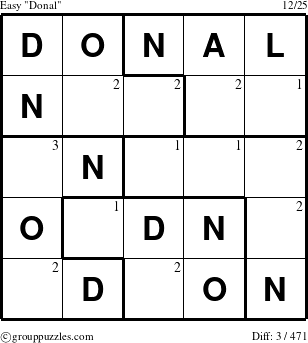 The grouppuzzles.com Easy Donal puzzle for  with the first 3 steps marked