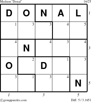 The grouppuzzles.com Medium Donal puzzle for , suitable for printing, with all 5 steps marked