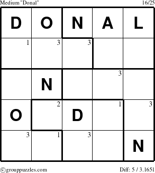 The grouppuzzles.com Medium Donal puzzle for  with the first 3 steps marked