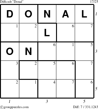 The grouppuzzles.com Difficult Donal puzzle for  with all 7 steps marked
