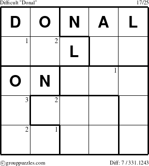 The grouppuzzles.com Difficult Donal puzzle for  with the first 3 steps marked