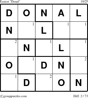 The grouppuzzles.com Easiest Donal puzzle for  with the first 2 steps marked