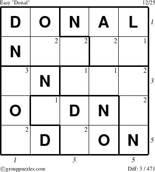 The grouppuzzles.com Easy Donal puzzle for  with all 3 steps marked