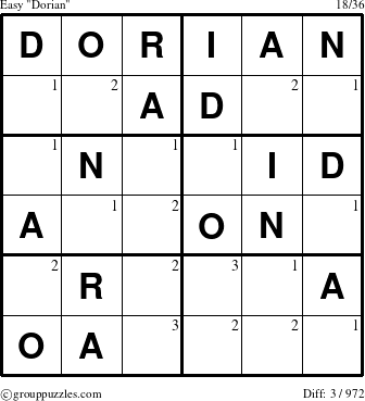 The grouppuzzles.com Easy Dorian puzzle for  with the first 3 steps marked