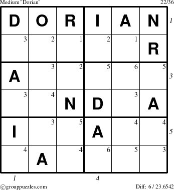 The grouppuzzles.com Medium Dorian puzzle for , suitable for printing, with all 6 steps marked