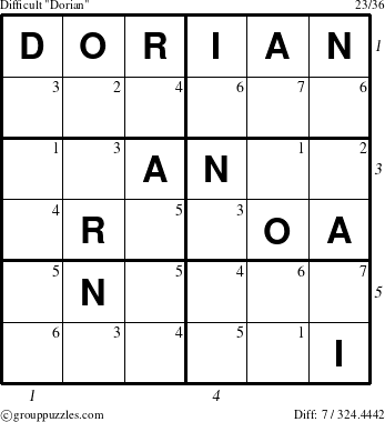 The grouppuzzles.com Difficult Dorian puzzle for  with all 7 steps marked