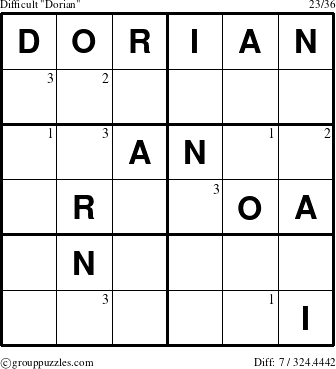 The grouppuzzles.com Difficult Dorian puzzle for  with the first 3 steps marked