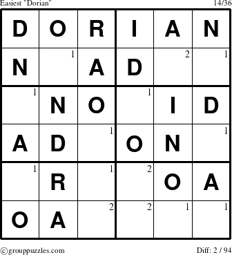 The grouppuzzles.com Easiest Dorian puzzle for  with the first 2 steps marked