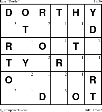 The grouppuzzles.com Easy Dorthy puzzle for  with the first 3 steps marked