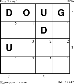 The grouppuzzles.com Easy Doug puzzle for , suitable for printing, with all 3 steps marked