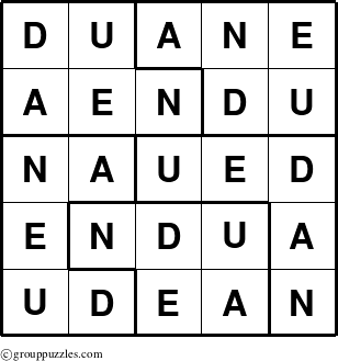 The grouppuzzles.com Answer grid for the Duane puzzle for 
