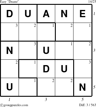 The grouppuzzles.com Easy Duane puzzle for , suitable for printing, with all 3 steps marked