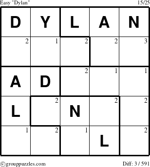 The grouppuzzles.com Easy Dylan puzzle for  with the first 3 steps marked