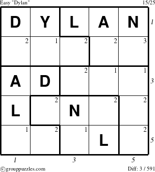 The grouppuzzles.com Easy Dylan puzzle for , suitable for printing, with all 3 steps marked