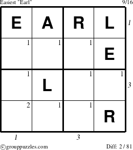 The grouppuzzles.com Easiest Earl puzzle for  with all 2 steps marked