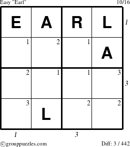 The grouppuzzles.com Easy Earl puzzle for , suitable for printing, with all 3 steps marked