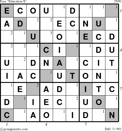 The grouppuzzles.com Easy Education-X-d1 puzzle for , suitable for printing, with all 3 steps marked