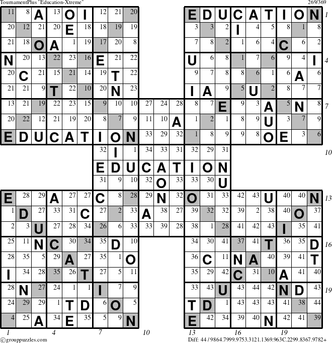 The grouppuzzles.com TournamentPlus Education-Xtreme puzzle for  with all 44 steps marked