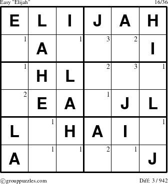 The grouppuzzles.com Easy Elijah puzzle for  with the first 3 steps marked