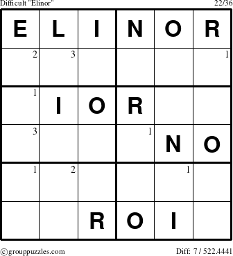 The grouppuzzles.com Difficult Elinor puzzle for  with the first 3 steps marked