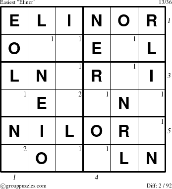 The grouppuzzles.com Easiest Elinor puzzle for , suitable for printing, with all 2 steps marked